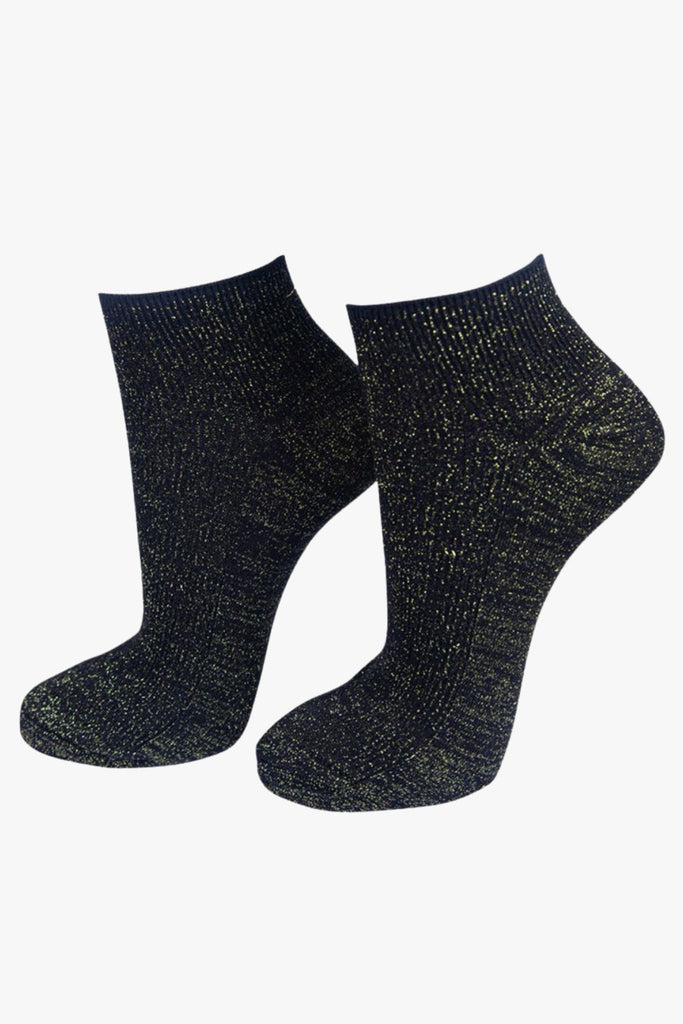 Black anklet trainer socks with an all over gold glitter shimmer