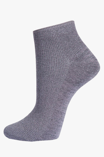 dark grey anklet trainer socks with an all over silver glitter shimmer