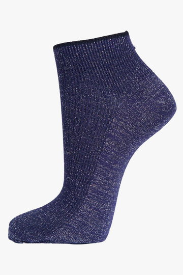 navy blue trainer anklet socks with an all over silver glitter shimmer
