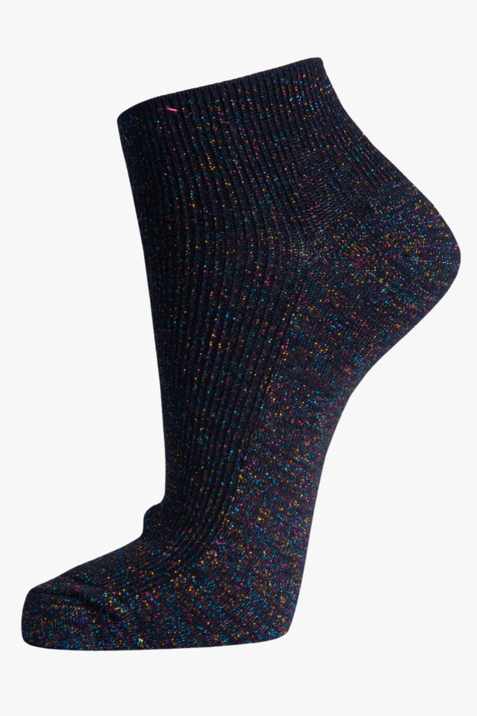 black trainer socks with an all over multicoloured rainbow glitter effect 