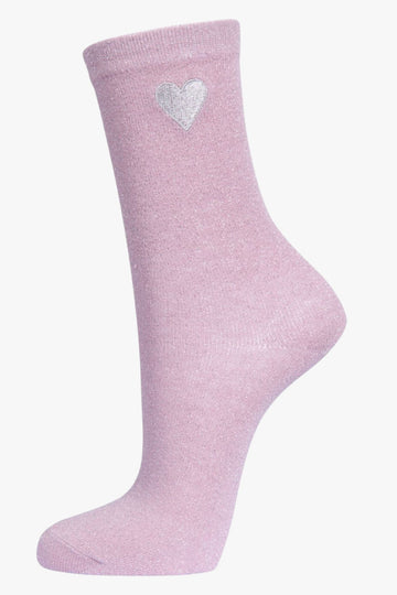 pink glitter socks with an emboidered love heart on the ankle