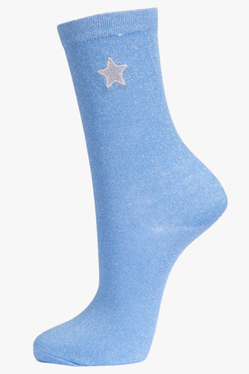 blue and silver glitter ankle socks with embroidered star on the ankle