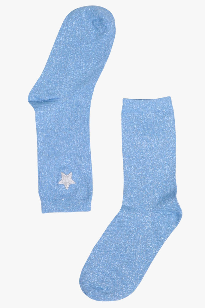 blue silver glitter socks with silver embroidered star