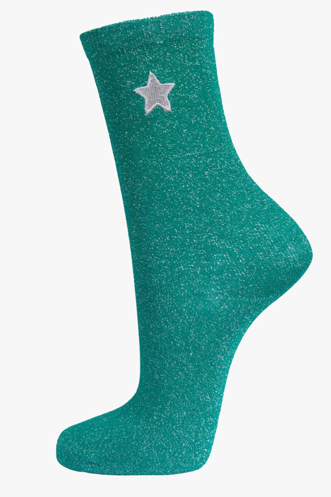 green and silver glitter socks with embroidred star on the ankle