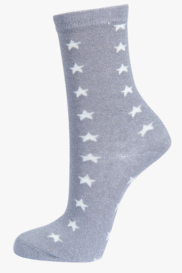 grey and white star print ankle socks with an all over silver glitter shimmer