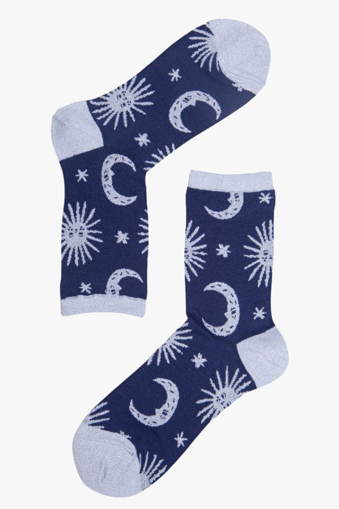 navy and silver star moon pattern silver glitter socks