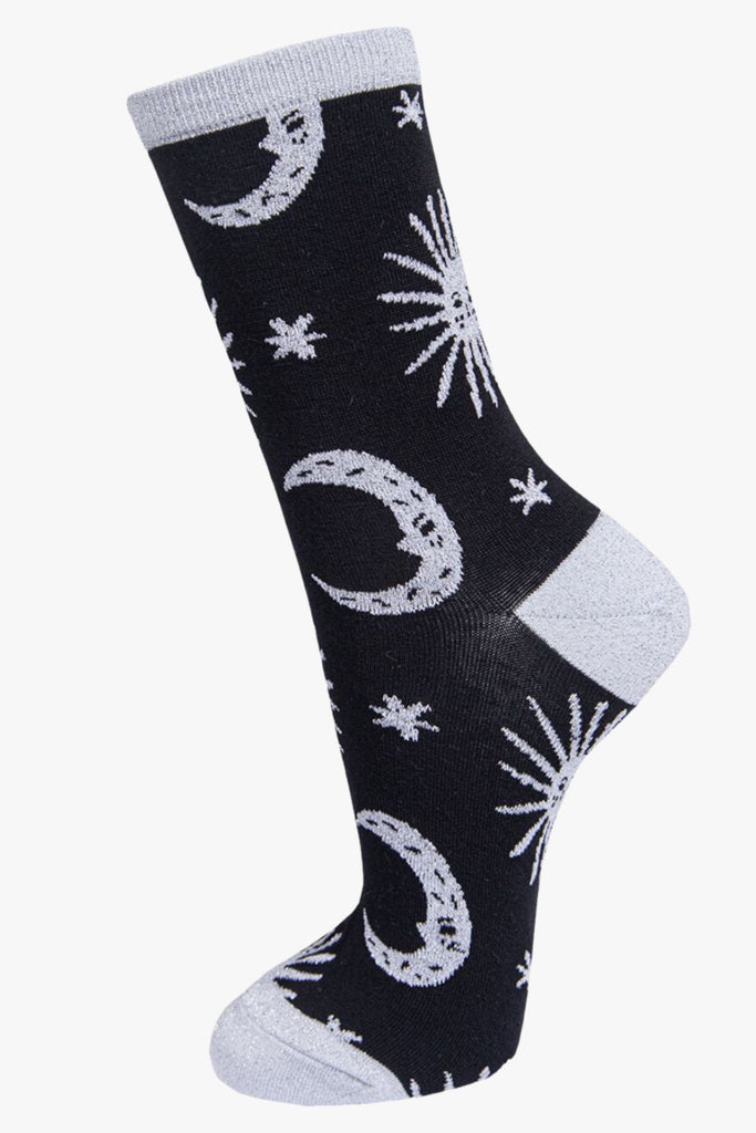 black, silver glitter ankle socks with stars and moons on them