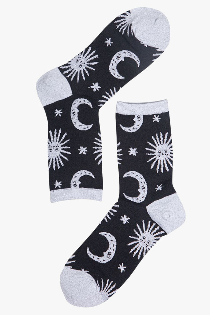 black, silver glitter socks with a celestial star moon print