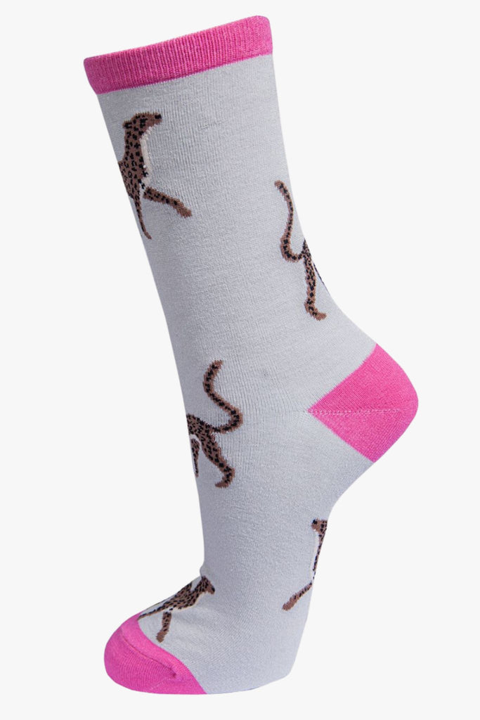 grey, pink bamboo socks with cheetahs 