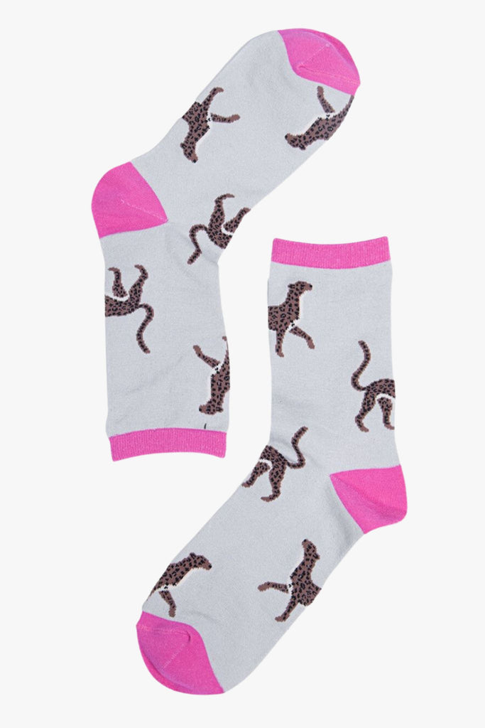 grey, pink bamboo socks with cheetah cats on them