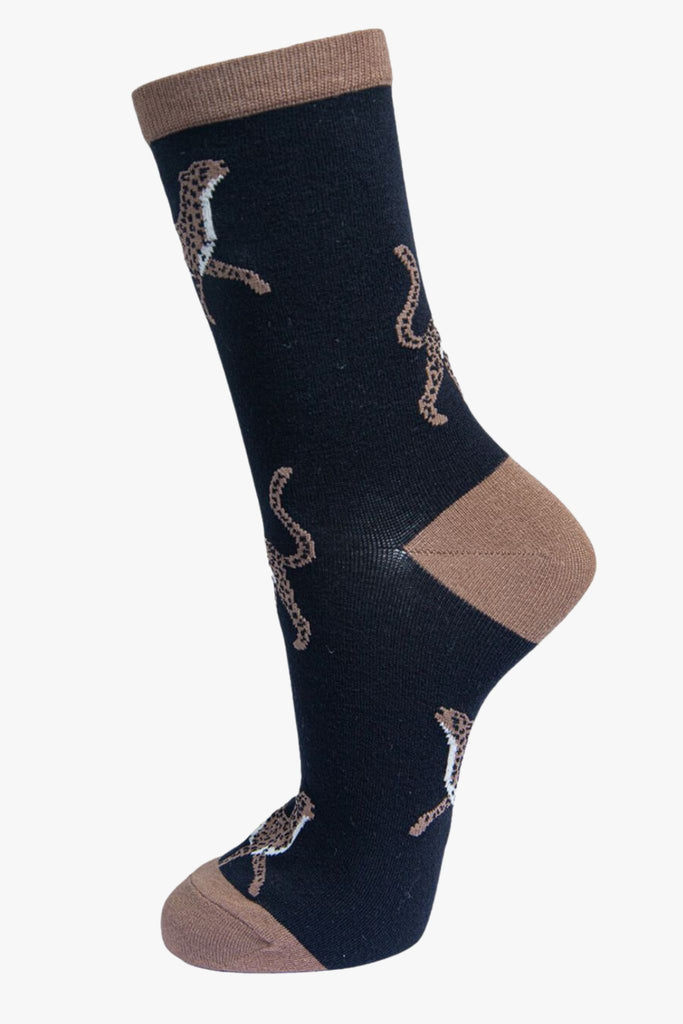 black bamboo ankle socks with brown cheetahs on them