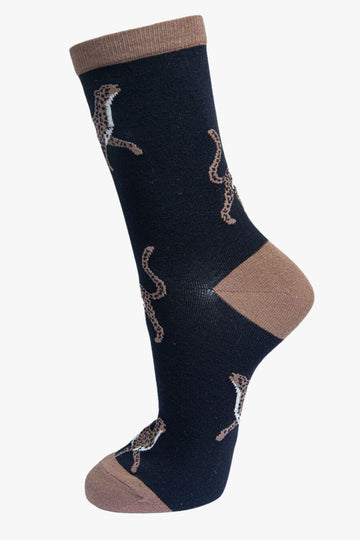 black bamboo ankle socks with brown cheetahs on them