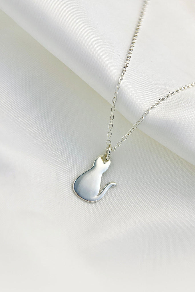 silver cat necklace on a silver chain