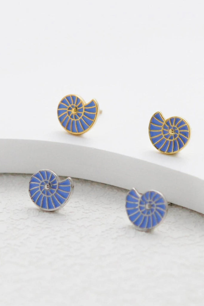 lilac blue seashell stud earrings made from sterling silver, image shows the silver and gold plated colour options