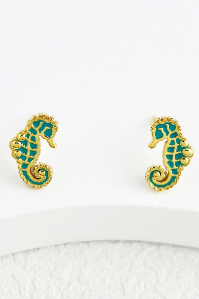 turquoise and gold coloured sterling silver seahorse stud earringsturquoise and silver coloured seahorse stud earrings