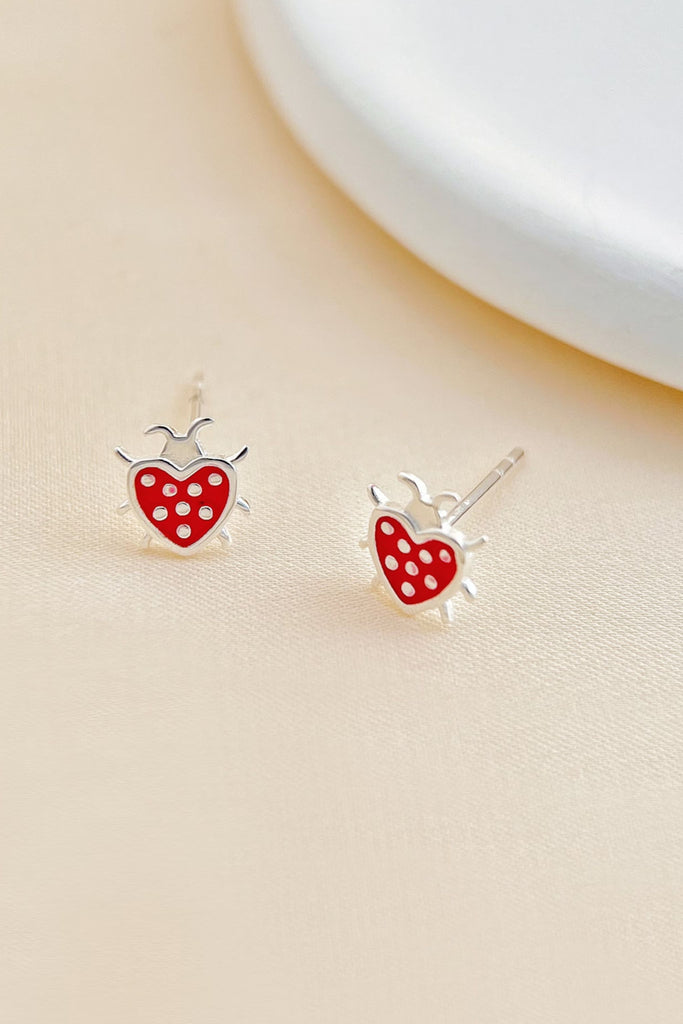 silver and red love heart shaped ladybird stud earrings