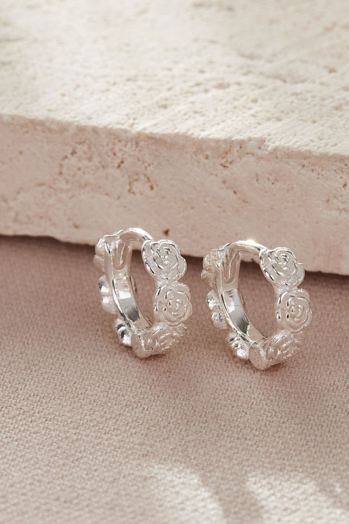 silver rose floral huggie hoop earrings