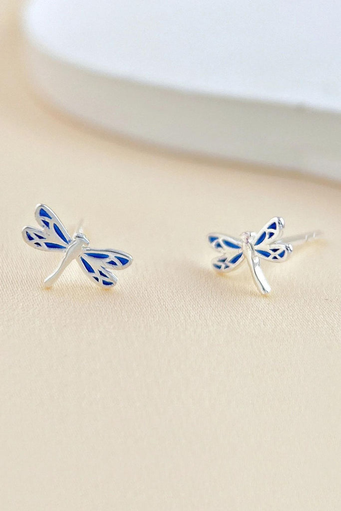 silver and blue dragonfly stud earrings 