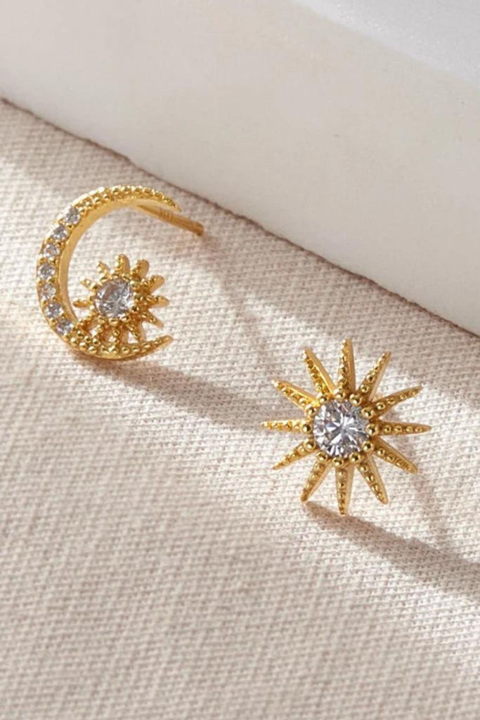 sparkly gold and cz celestial stud earrings made from sterling silver