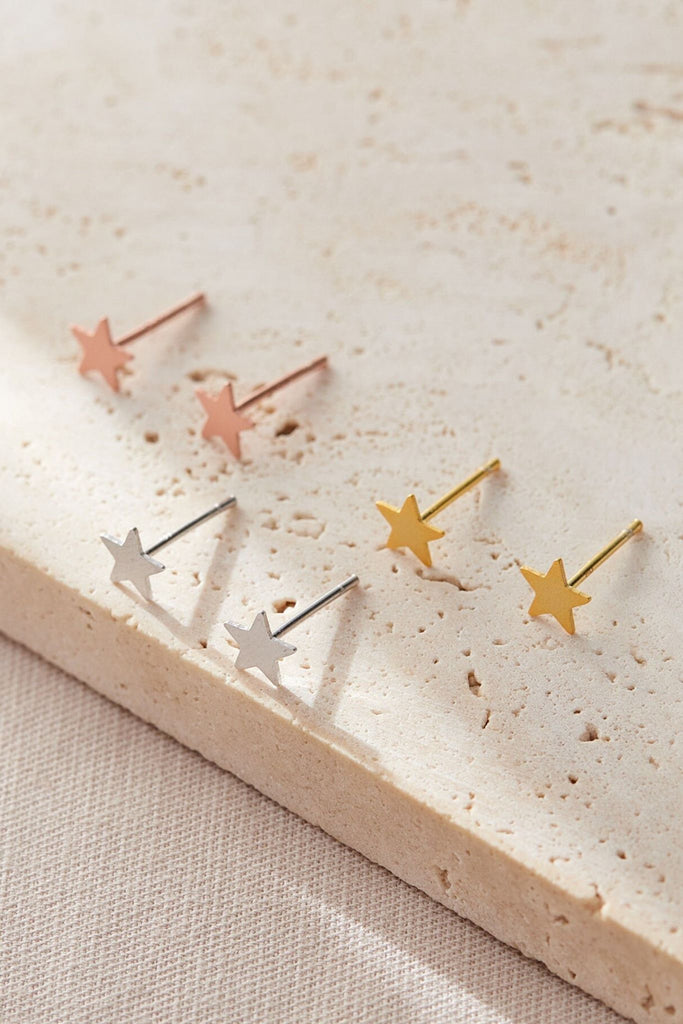 star stud earrings with a matte finish made from s925 sterling silver, in silver, gold and rose gold colourways