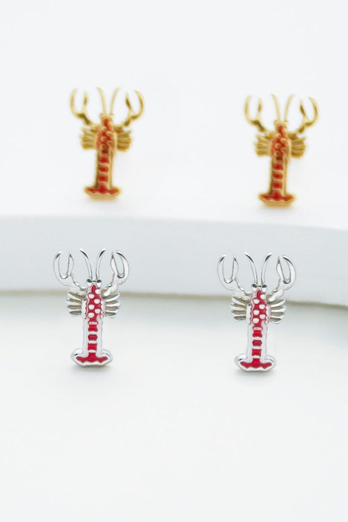 sterling silver lobster stud earrings with red plating in silver and gold