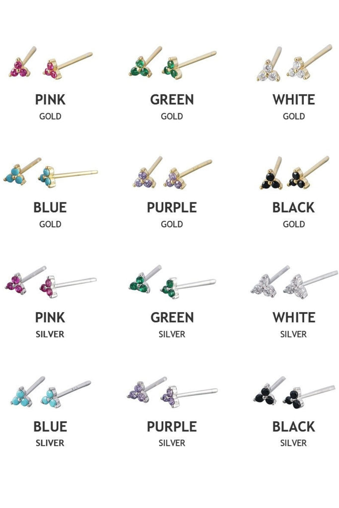 chart showing all the colour variations, these are available in gold or silver S925 with black, white, green, pink, blue or purple sparkly cz