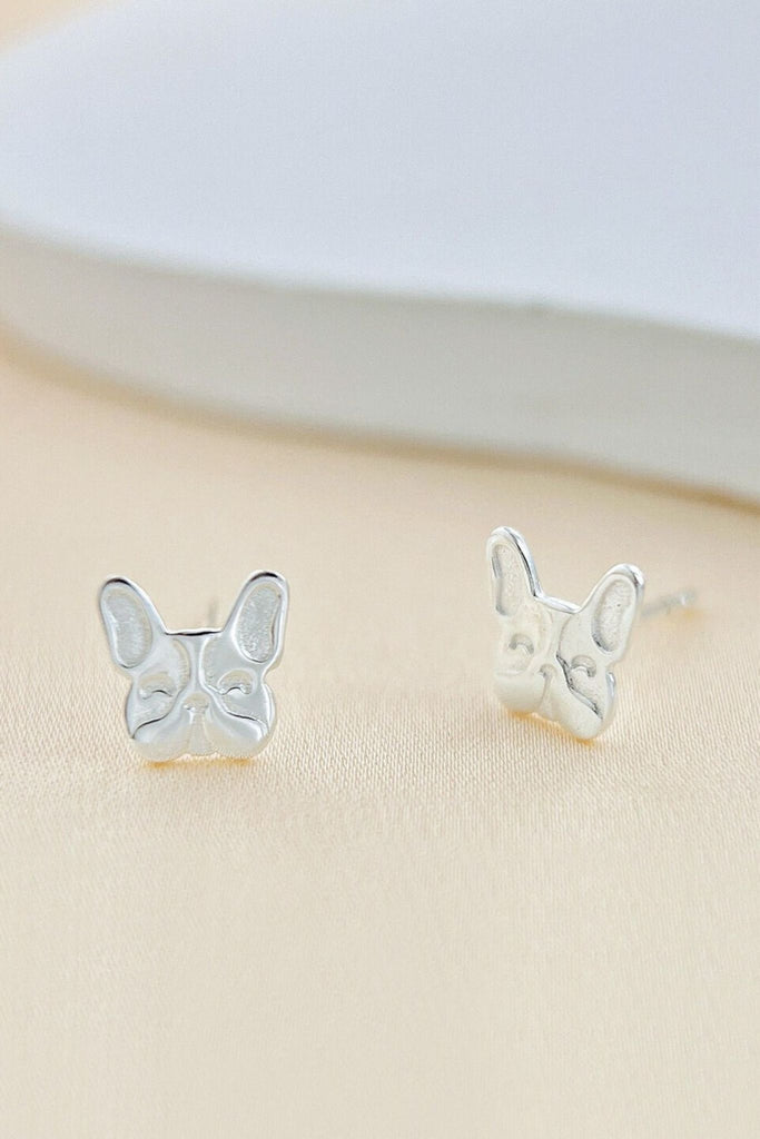 silver french bulldog dainty stud earrings with butterfly backs