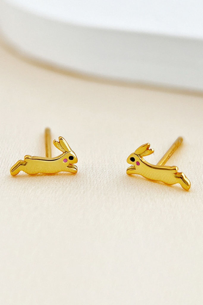 close up of the gold plated rabbit stud earrings