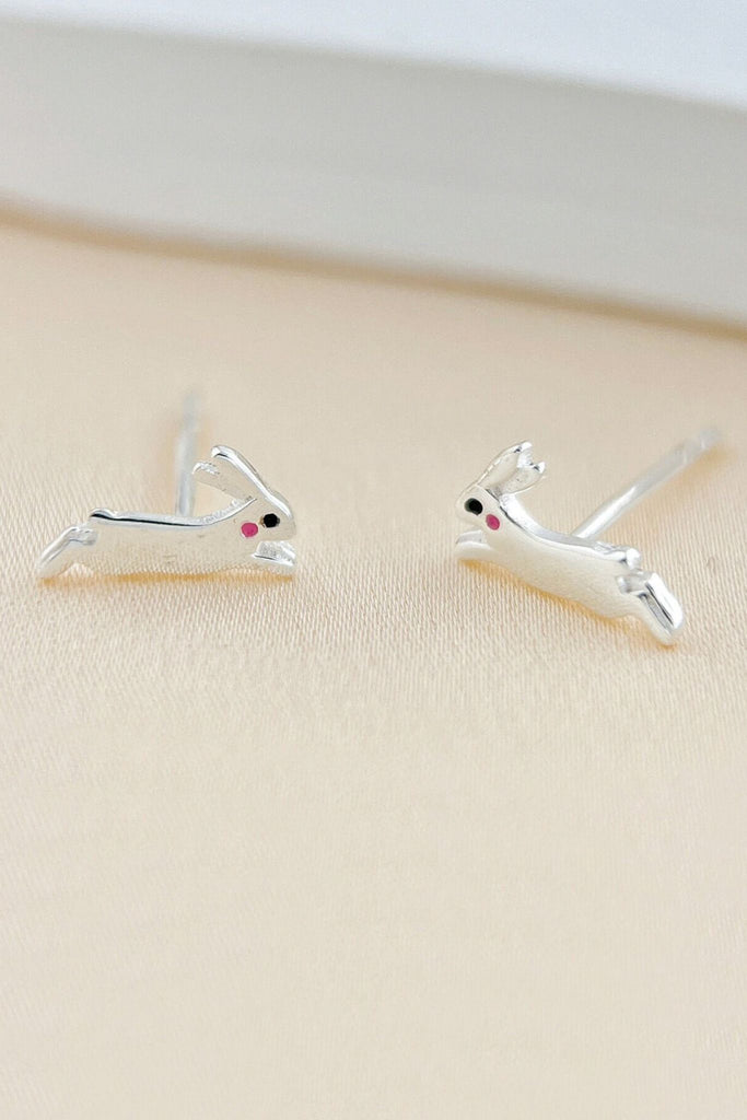 close up of the silver bunny rabbit stud earrings