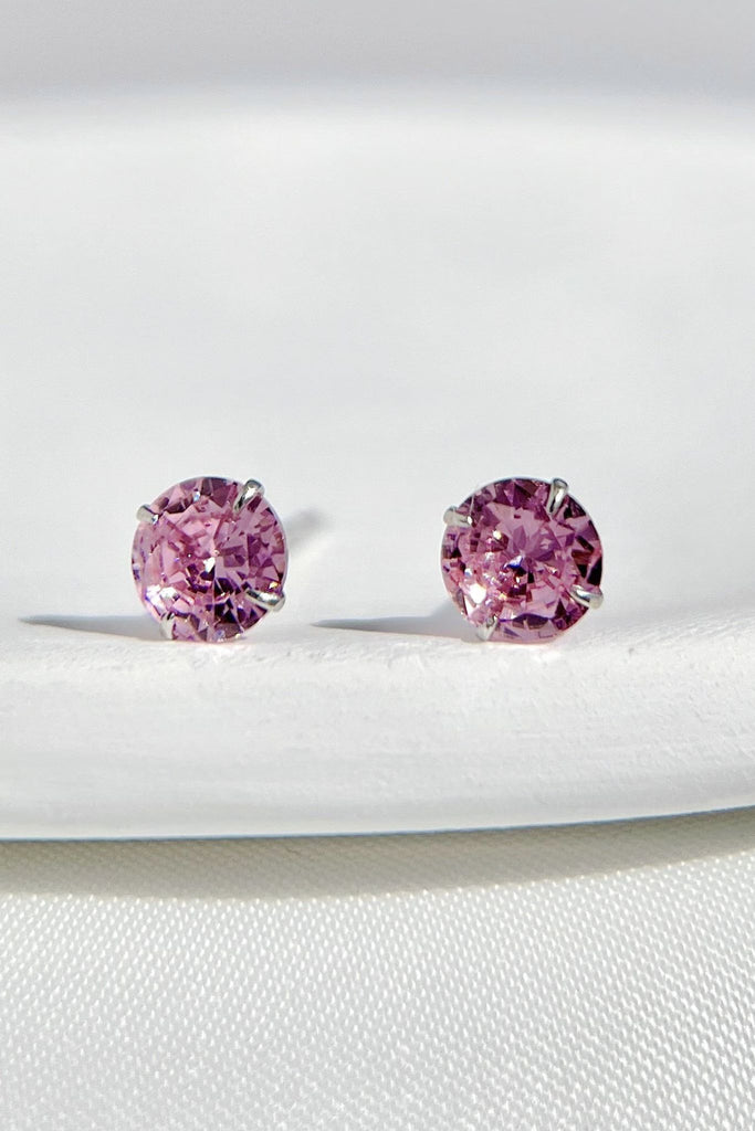 close up of the pink sparkly cz stud earrings