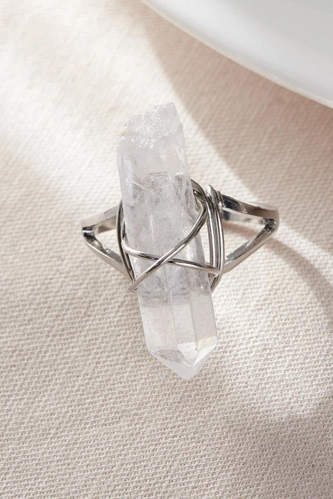 close up view of the white rough cut crystal ring