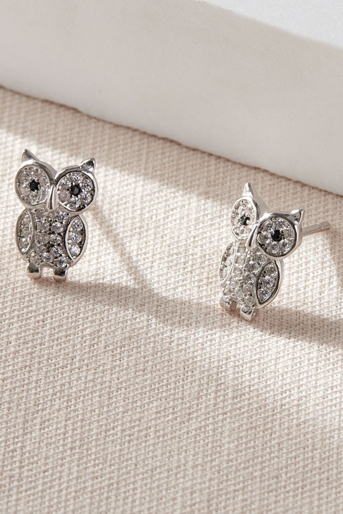 sold in pairs sterling silver owl stud earrings with sparkly cz