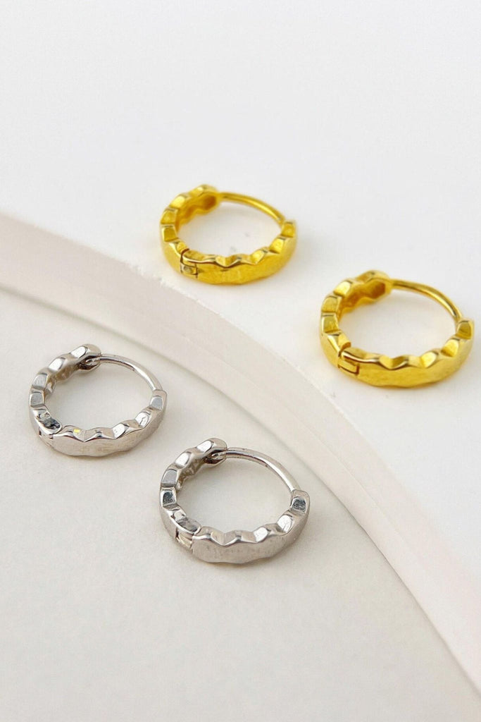 sterling silver huggie hoop earrings, designed to look like honeycombs