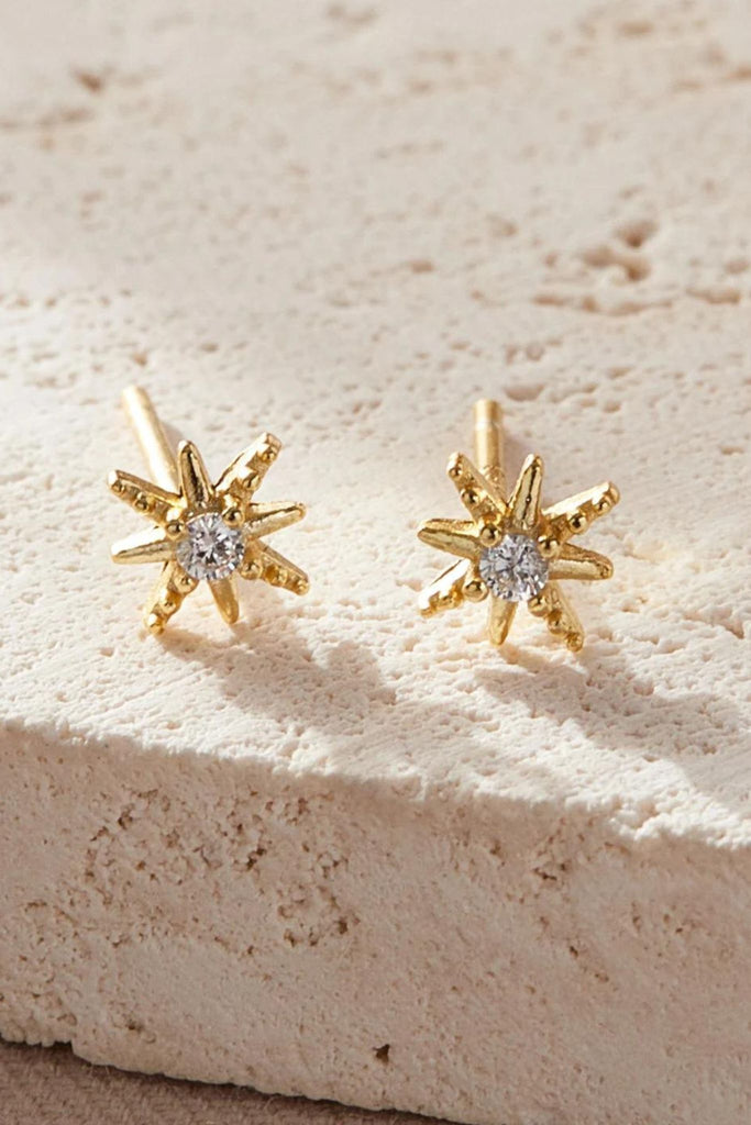 gold plated sterling silver and white sparkly cz starburst stud earrings