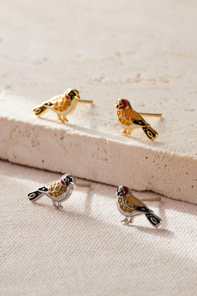 sterling silver stud earrings designed to look like goldfinches, the earrings have butterfly back fastenings and come in silver and gold plated S925