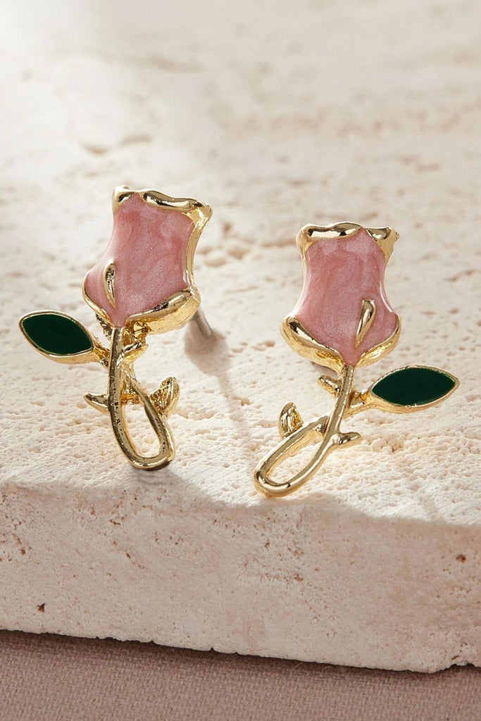 pink tulip floral stud earrings in gold coloured mixed metal