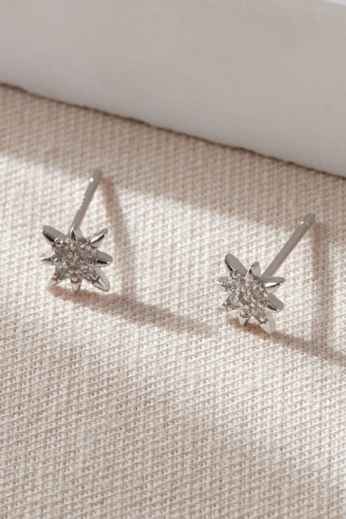 close up of the silver and white cz sparkly eight point starburst stud earrings