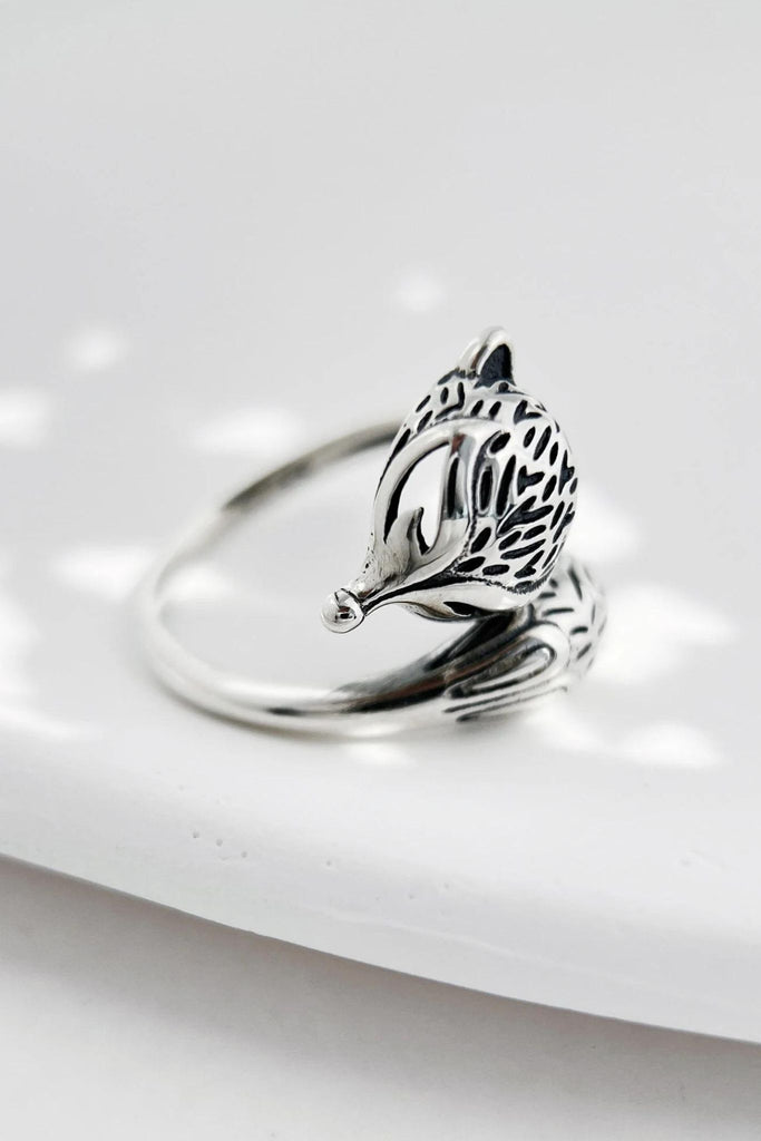 close up of the fox ring, showing the design detail on the head of the fox, a long snout nose, ears