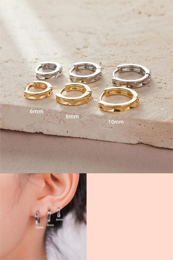 three sizes of angular hoop earrings in silver and gold plated s925, they are 6mm, 8mm and 10mm earrings. 