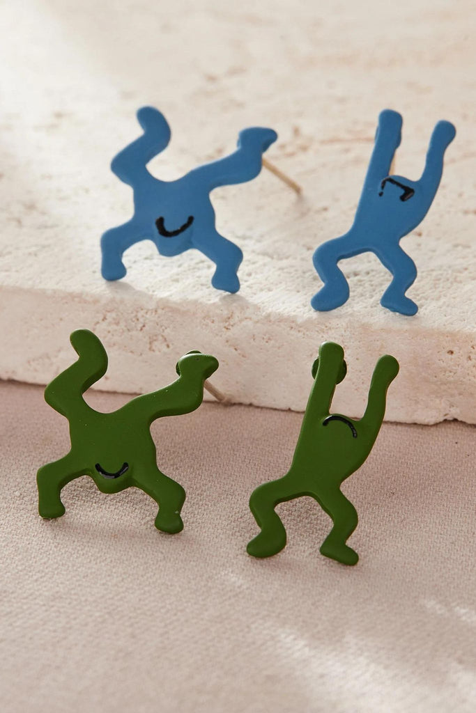 blue and green asymmetric frog stud novelty earrings, each pair has two frogs in a slightly different leaping position