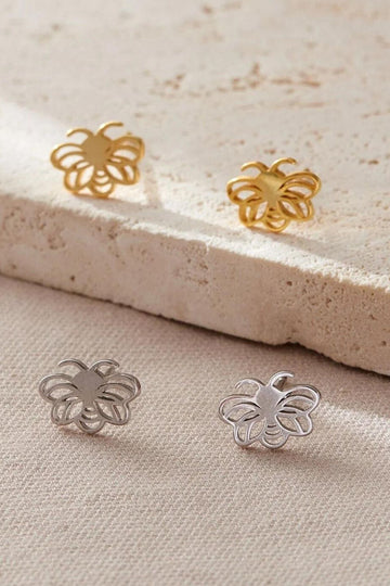 silver and gold coloured openwork bee stud earrings