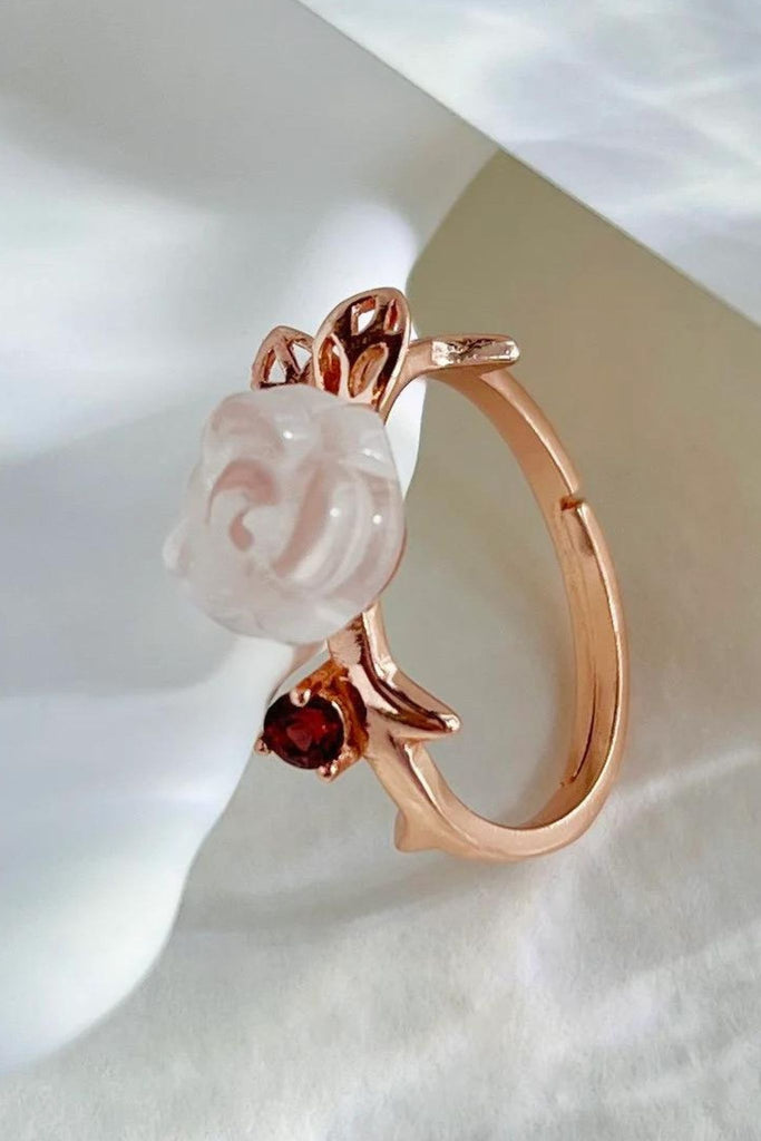 close up of the rose quartz flower and garnet gemstone