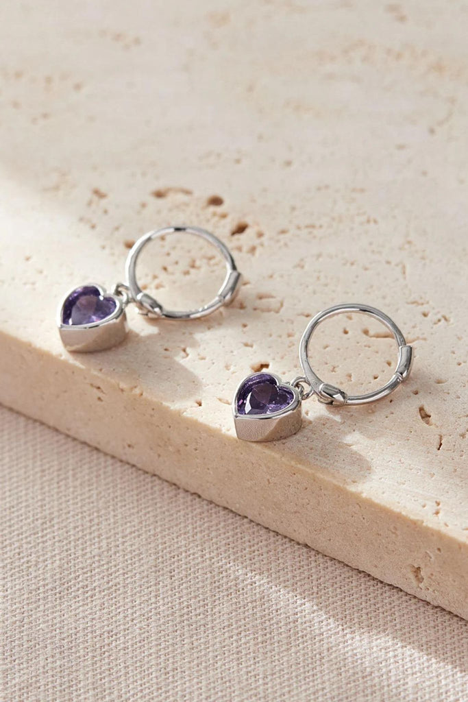 silver heart dangle hoop earrings with purple cz love hearts