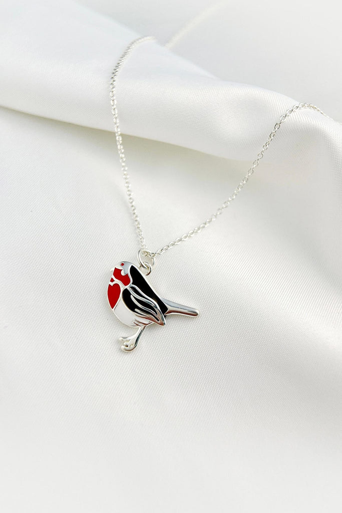 sterling silver chain necklace with a red robin bird pendant, the robin has a red belly 