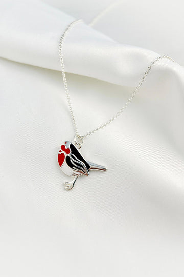 sterling silver chain necklace with a red robin bird pendant, the robin has a red belly 