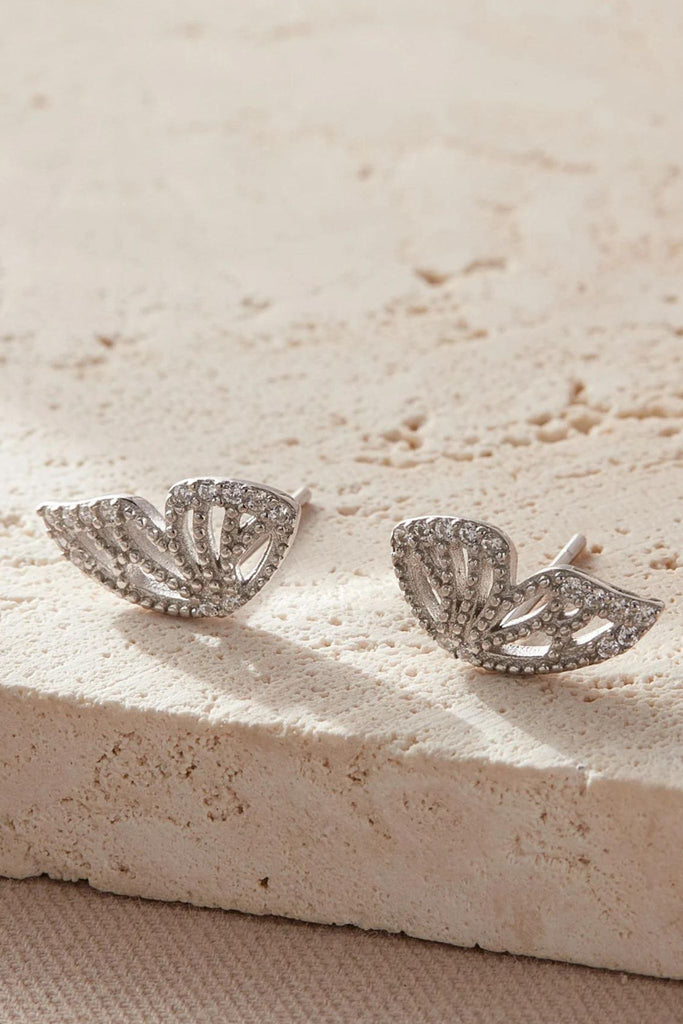 close up of the silver butterfly wing stud earrings