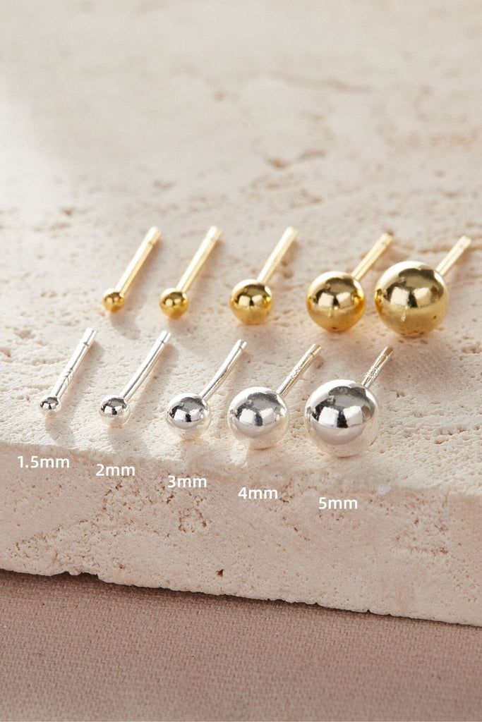 gold and silver ball stud earrings in five sizes, 1.5mm, 2mm, 3mm, 4mm and 5mm diameter