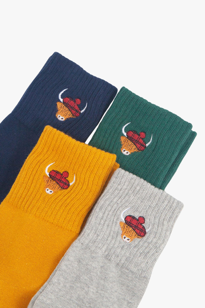 womens-highland-cow-tartan-embroidered-cotton-ankle-socks-4-pack-multipack