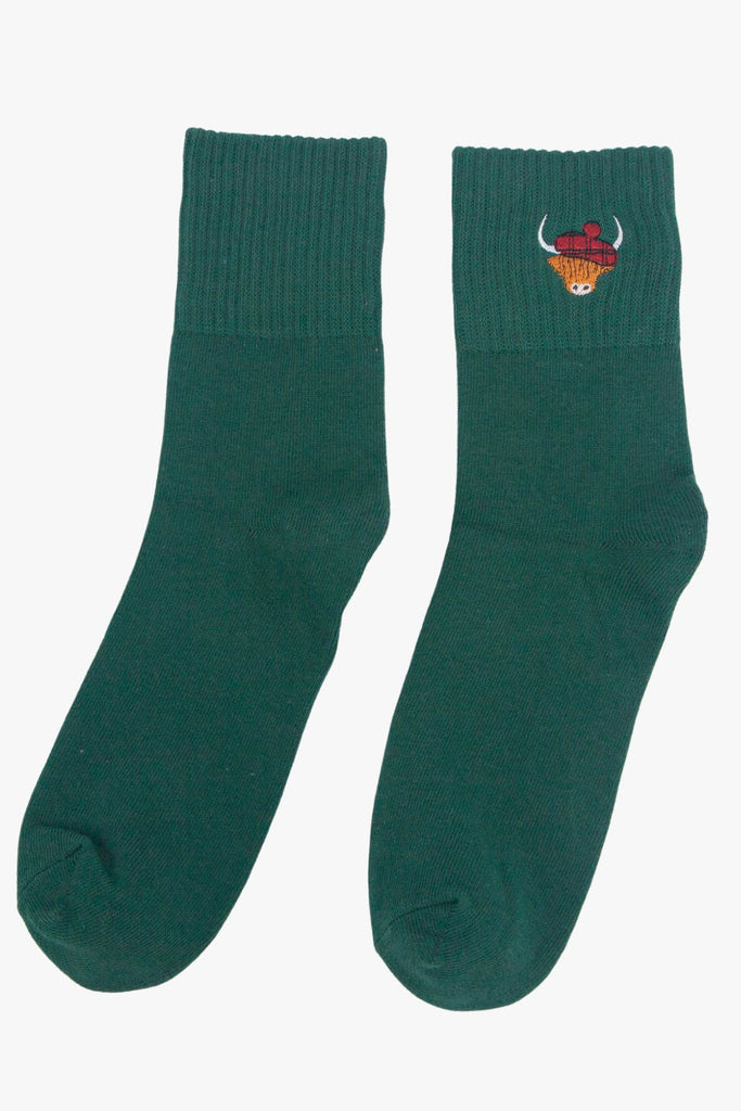 womens-highland-cow-tartan-embroidered-cotton-ankle-socks-4-pack-green