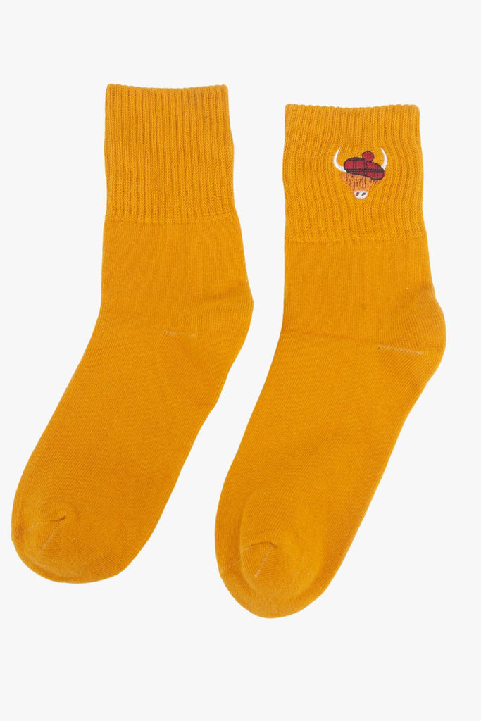 womens-highland-cow-tartan-embroidered-cotton-ankle-socks-4-pack-mustard